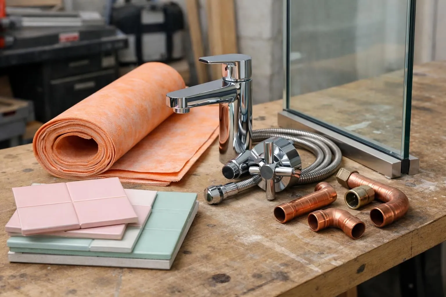 Close-up view of bathroom renovation components including ceramic tiles, waterproof membrane materials, chrome shower fixtures, glass shower panel, and copper plumbing pipes arranged on a workbench in a professional renovation workshop