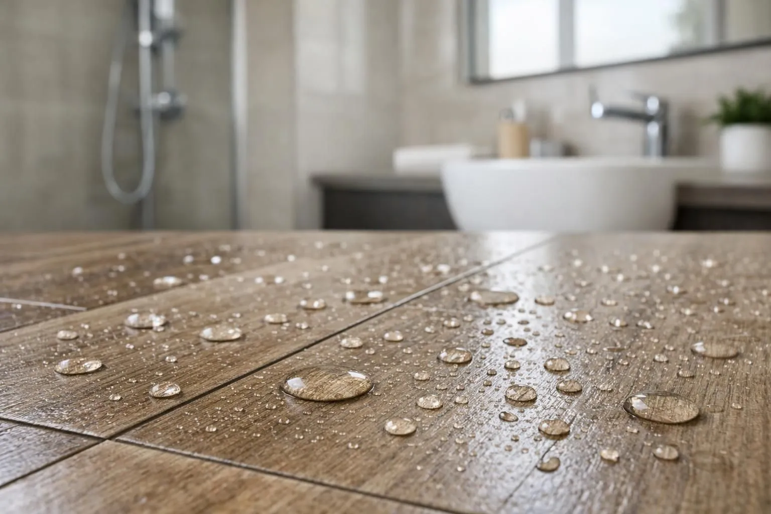 Modern Swiss bathroom with realistic wood-look ceramic tiles on the floor, water droplets beading on the tile surface demonstrating waterproof properties, contemporary fixtures, natural daylight, no text or labels visible