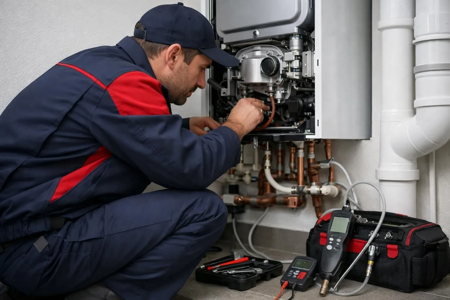 Professional heating technician in branded uniform inspecting modern gas boiler installation inside Geneva residential building, toolbox and diagnostic equipment visible on floor, close-up perspective showing technical maintenance work, natural indoor lighting, realistic documentary style photography