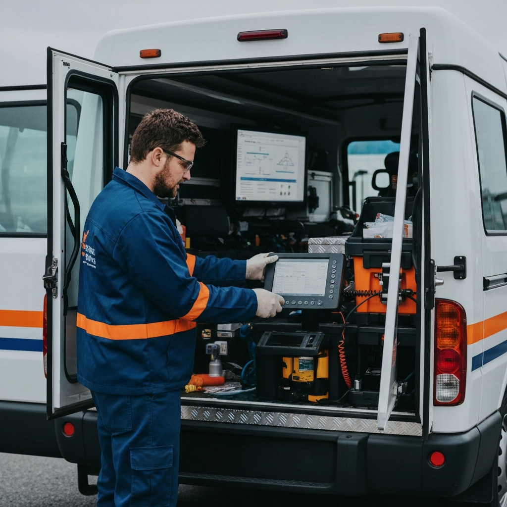 Professional plumber checking GPS navigation system in work van loaded with tools and equipment, modern vehicle dashboard with route planning, ready for emergency intervention, realistic photo style