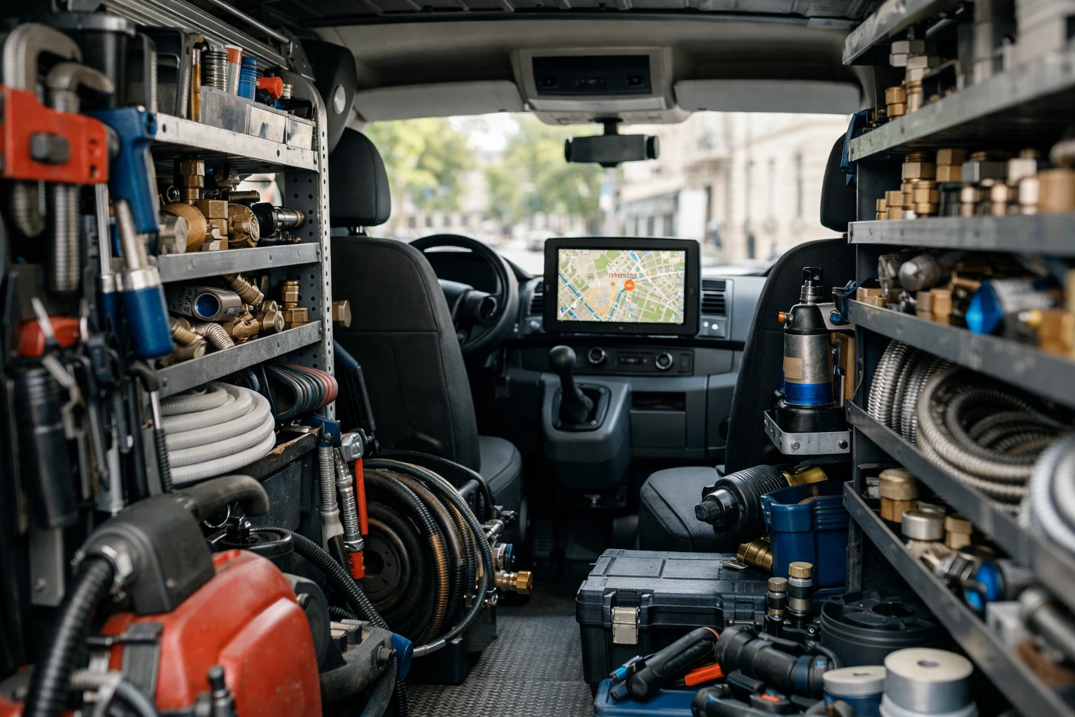 Professional plumber in branded uniform checking tools in organized van interior with plumbing equipment clearly visible, GPS device on dashboard showing Paris 17 map, daylight scene, emergency response vehicle ready for intervention