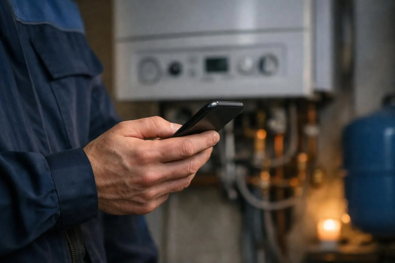 Professional heating technician checking smartphone at 2 AM showing late night emergency call, wearing work clothes with tools visible, dimly lit residential setting with boiler in background, realistic documentary style photography