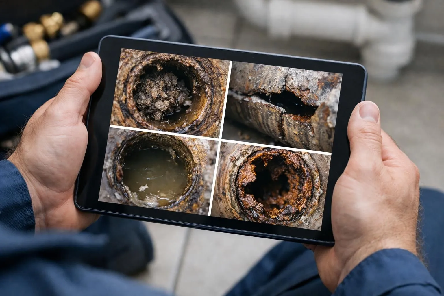 Professional plumber viewing detailed pipe inspection footage on digital tablet, screen displaying clear interior damage and root intrusion in drainage system, gloved hands holding device in modern work environment