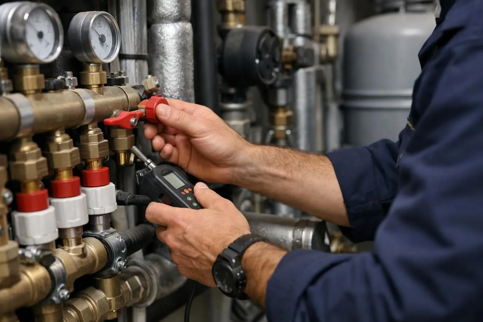 Professional plumber inspecting building maintenance systems in a modern residential apartment building mechanical room, examining pipes and heating equipment, realistic workplace scene showing technical expertise in property maintenance