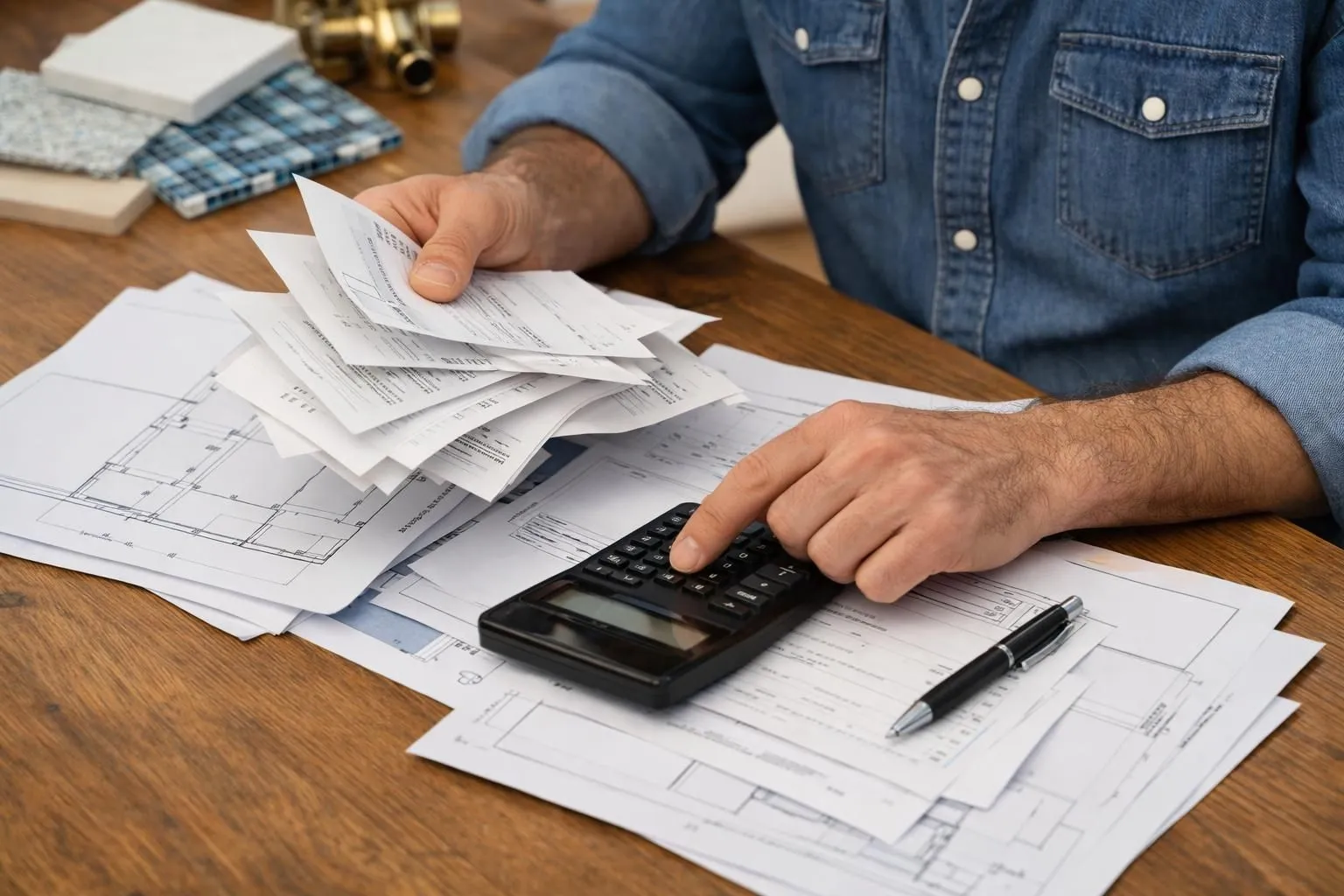 Close-up of homeowner's hands holding multiple renovation invoices and bills with calculator on wooden table, bathroom renovation project documents scattered around, concerned expression visible, realistic documentary photography style with natural lighting