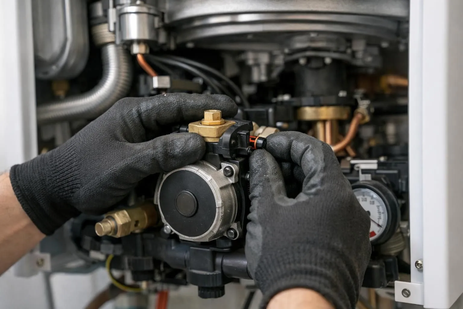 Technicien professionnel en combinaison de travail inspectant minutieusement l'intérieur d'une chaudière murale avec une lampe torche, ses mains gantées vérifiant les composants du brûleur et de l'échangeur thermique dans une chaufferie résidentielle à Genève