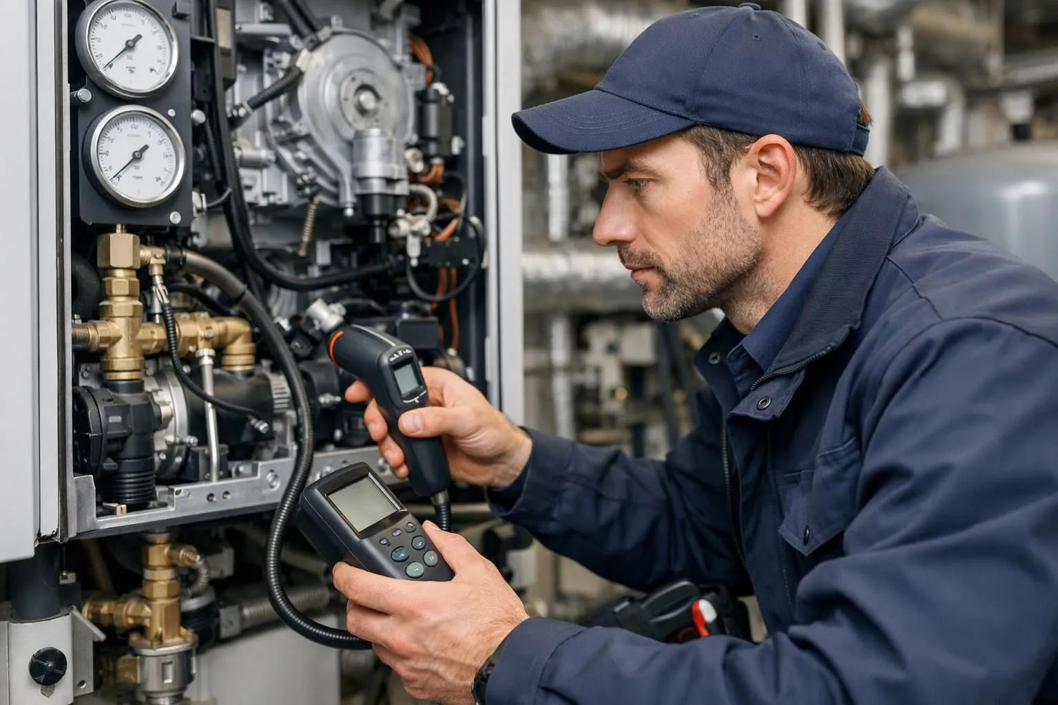 Professional technician performing detailed diagnostic inspection of modern heating boiler with digital tools, close-up view showing pressure gauges, temperature sensors and maintenance equipment in Swiss building mechanical room