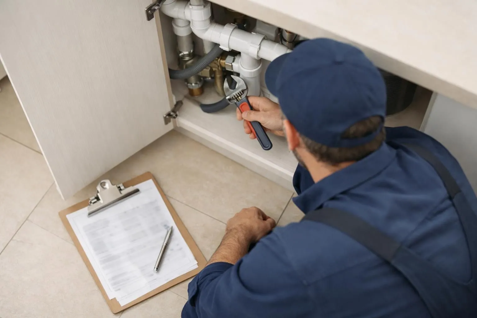 A professional plumber in Geneva examining a residential pipe system with transparent pricing documents visible on clipboard, natural indoor lighting showing honest business practices in Swiss construction services