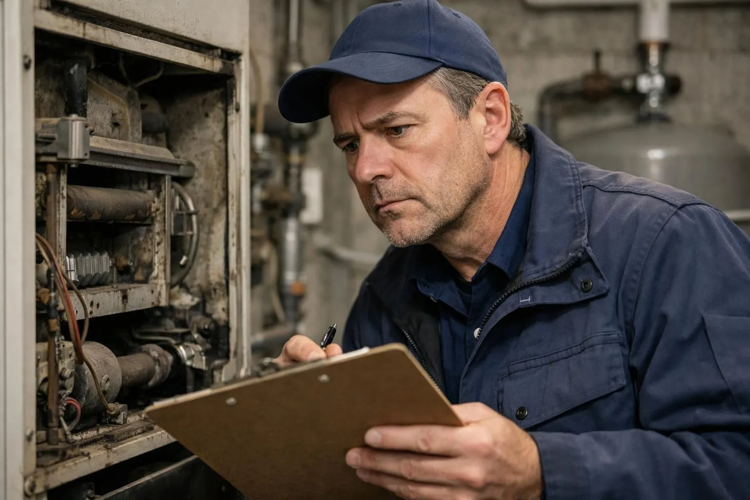 A heating technician inspecting an old boiler in a residential basement, holding a clipboard while examining the equipment with a concerned expression, realistic documentary style showing the professional assessment process in a Swiss home setting