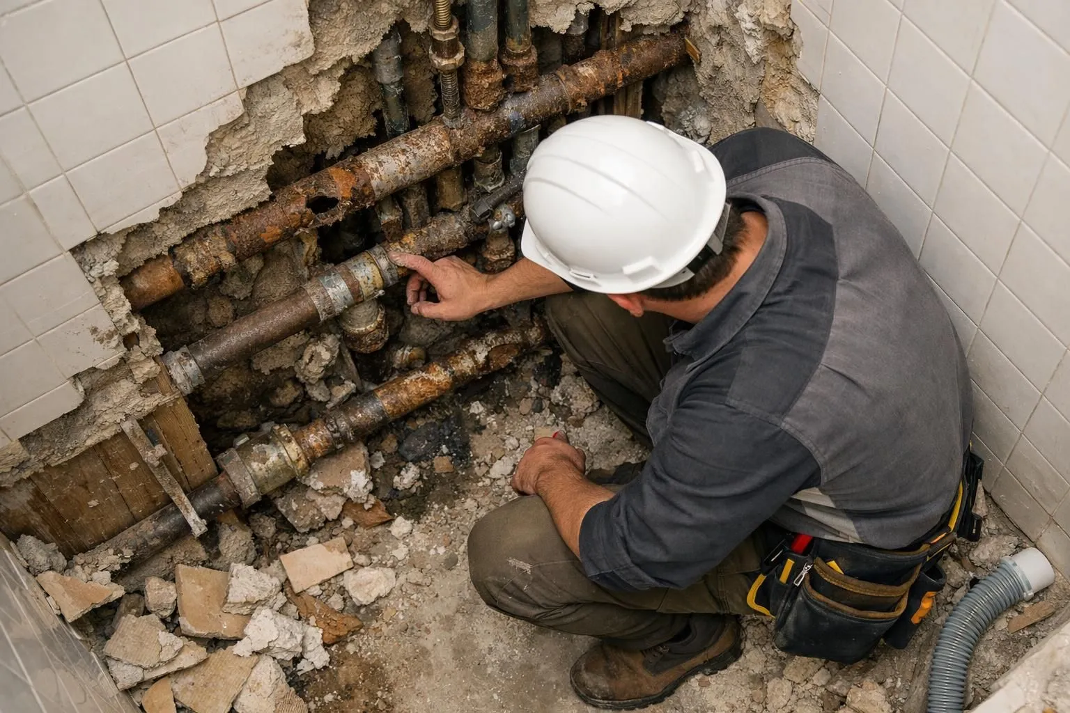 Construction contractor in work clothes kneeling beside exposed bathroom wall plumbing, revealing corroded pipes and damaged water lines behind tiles during shower renovation inspection