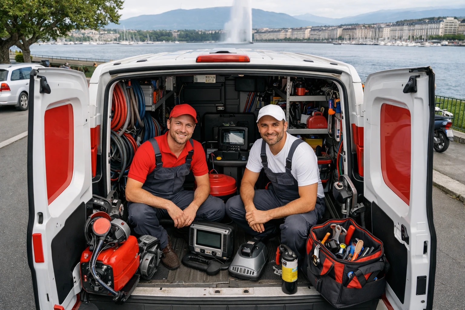 Professional plumbing team with modern equipment arriving at a Geneva building entrance in their service van, ready for emergency intervention, showcasing readiness and professionalism with tools and diagnostic devices visible