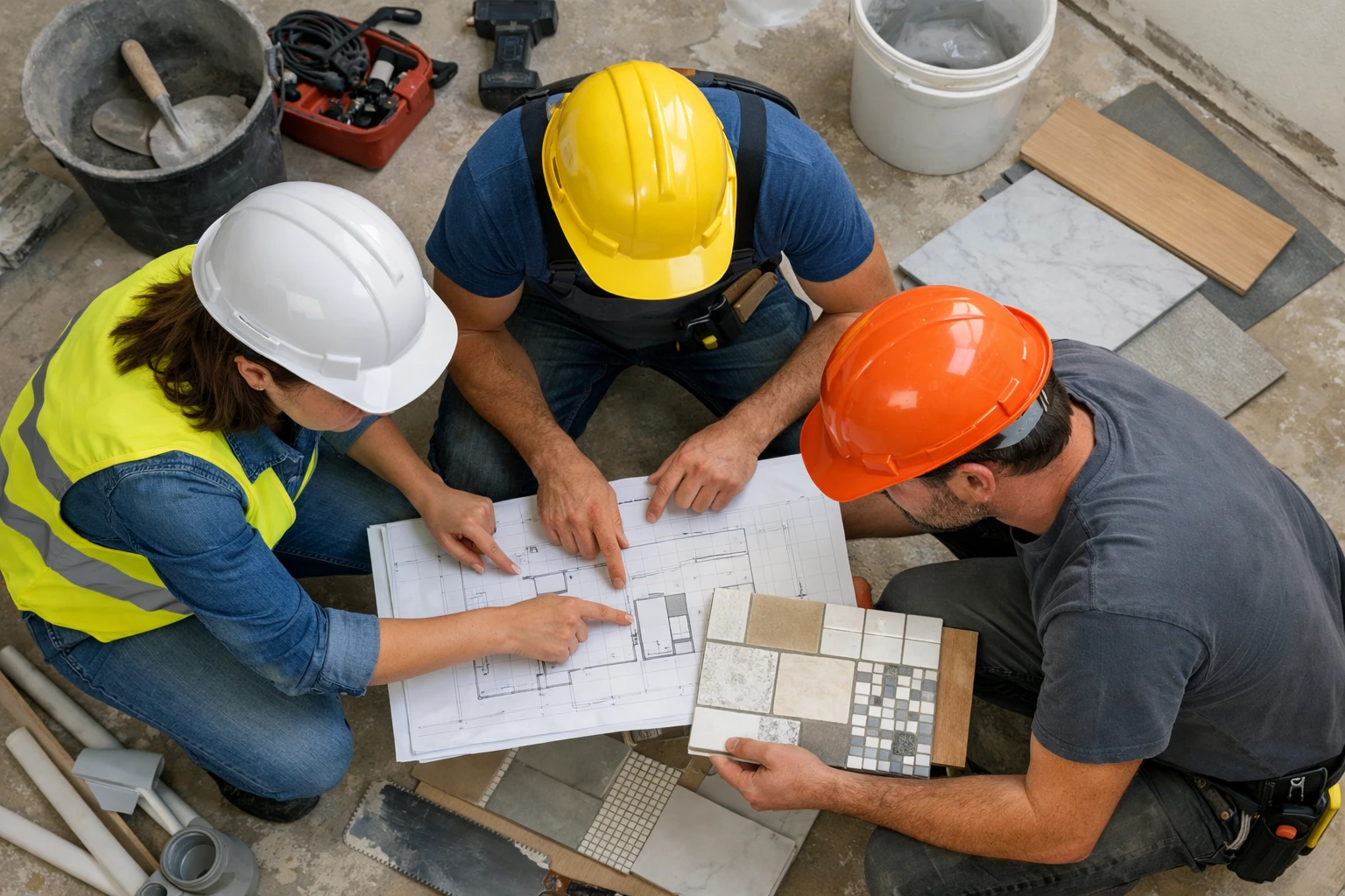 Professional construction workers in work uniforms discussing bathroom renovation blueprints and materials on a Geneva residential construction site, modern tools and fixtures visible in background, natural daylight, realistic documentary style photography