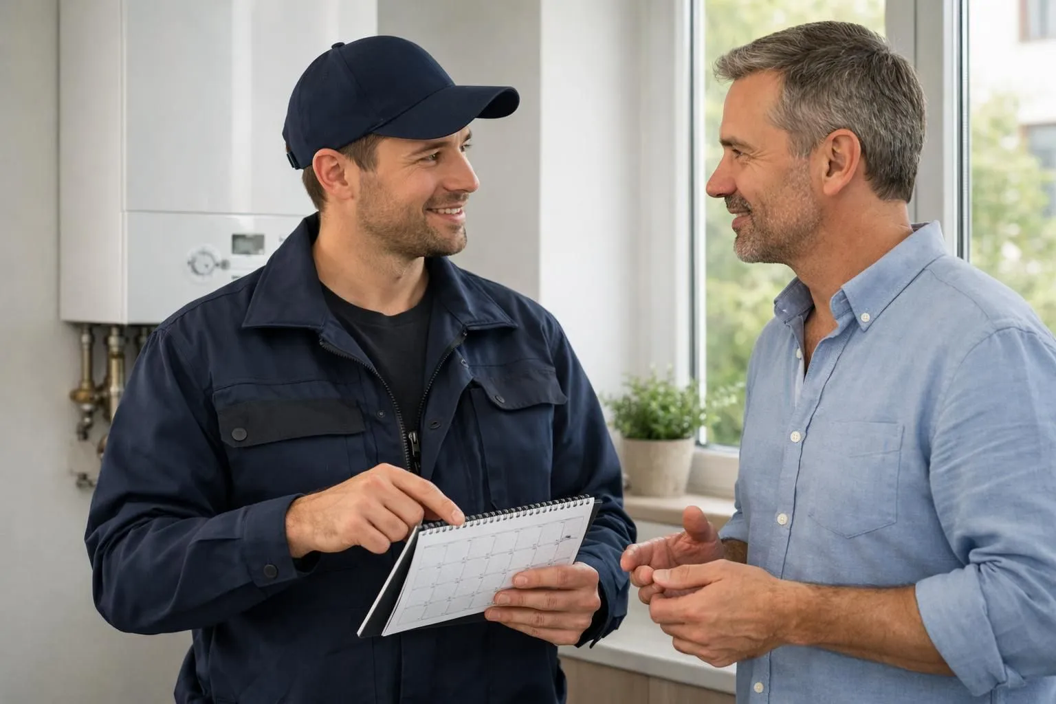 Technicien chauffagiste professionnel montrant un calendrier d'entretien à un propriétaire satisfait dans une maison genevoise moderne avec chaudière murale visible en arrière-plan