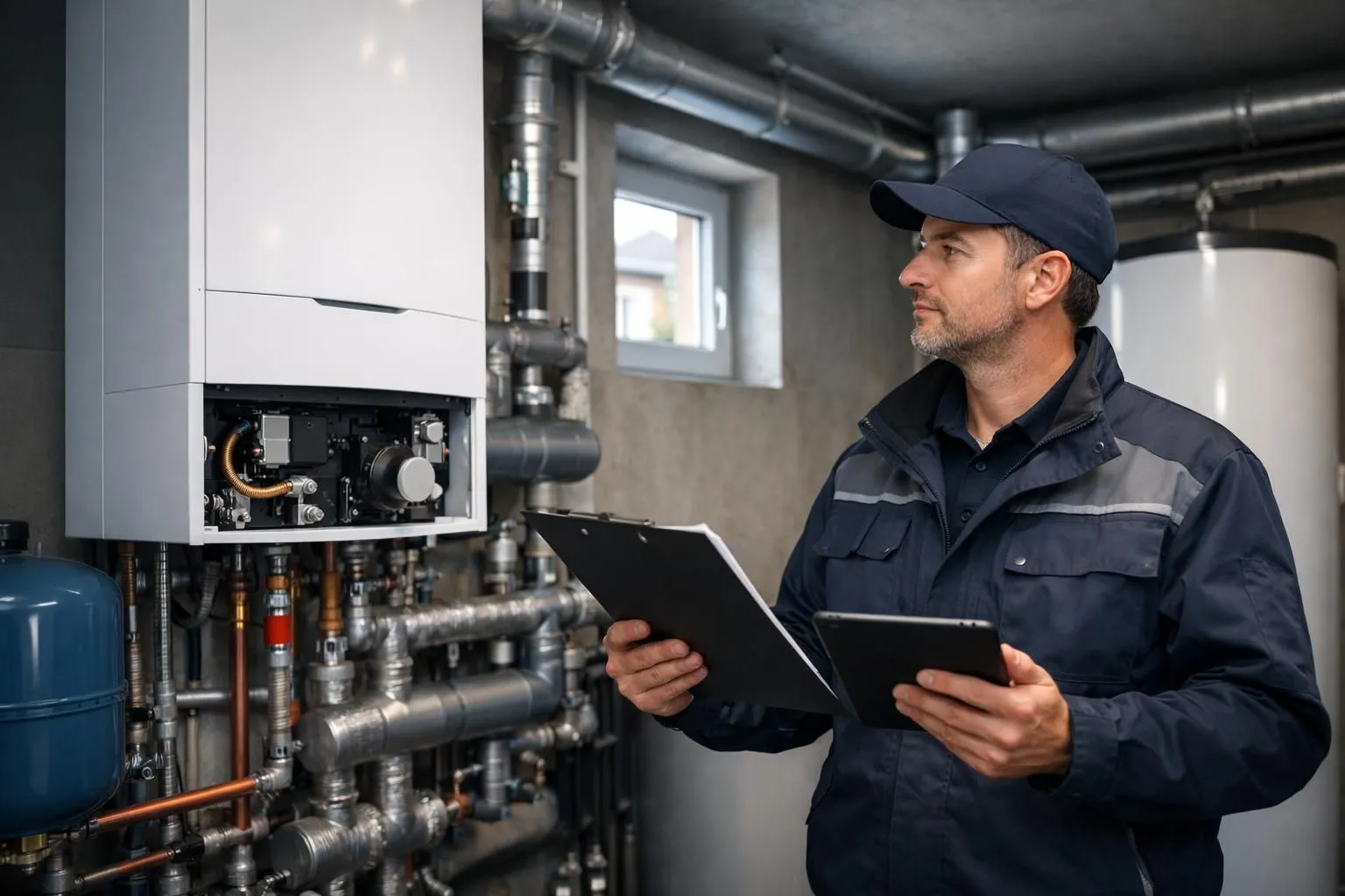 Professional heating technician with checklist and tablet inspecting a residential boiler in a clean mechanical room, modern gas boiler visible on wall, Swiss building context, natural lighting from small window, realistic technical evaluation scene