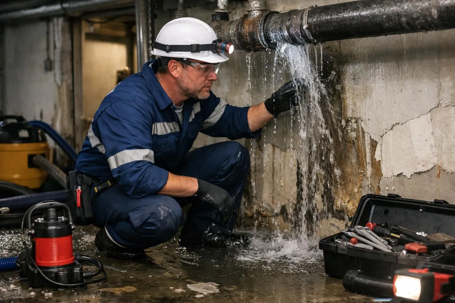 Professional emergency plumber in work uniform and safety gear inspecting a major pipe leak in a residential basement with visible water damage and professional equipment, realistic scene showing urgency and expertise
