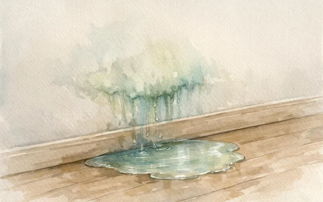 Dégâts fuite d'eau: illustration aquarelle montrant l'impact d'une fuite sur un mur et un sol. Protection habitation.