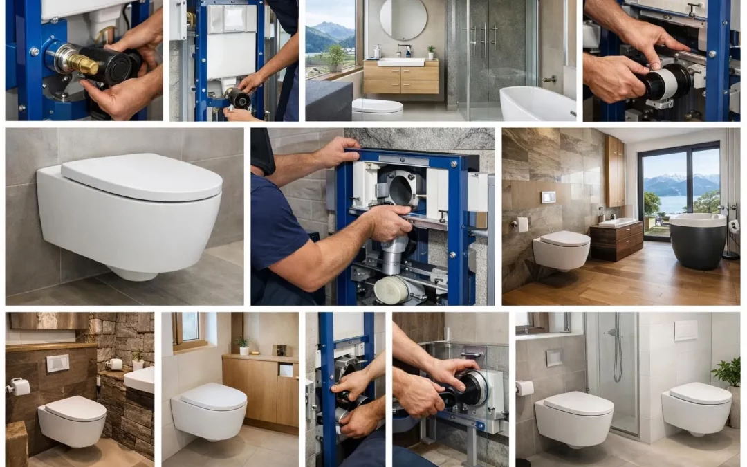 Collage de photos montrant l'installation de WC suspendu et des salles de bain modernes en Suisse, illustrant le prix.