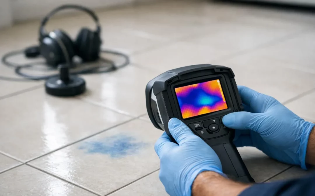 Détecter fuite d'eau sous carrelage sans casser. Expert utilisant caméra thermique et outils modernes pour diagnostic non des