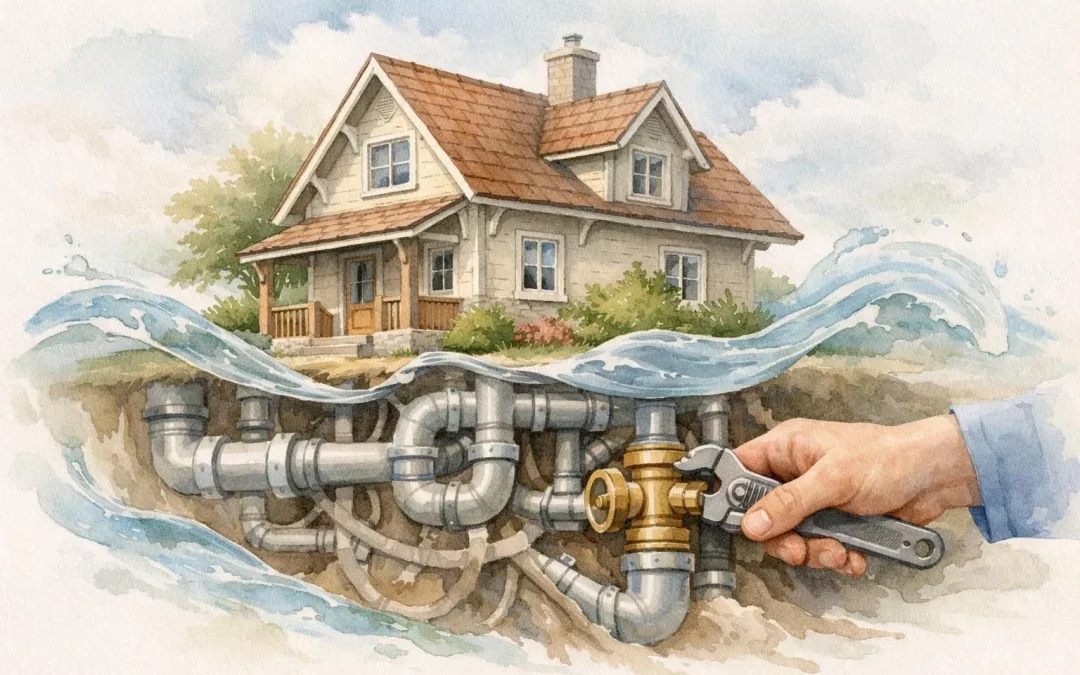Illustration aquarelle: maintenance plomberie gérance proactive protège patrimoine immobilier. Gestion fluide et sereine.