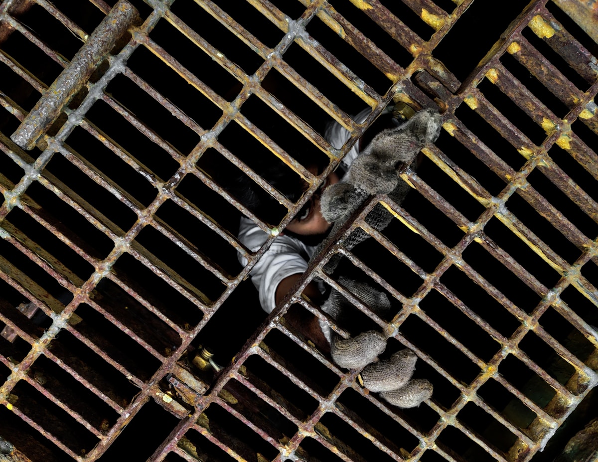 person in gray pants and white sneakers standing on brown metal frame