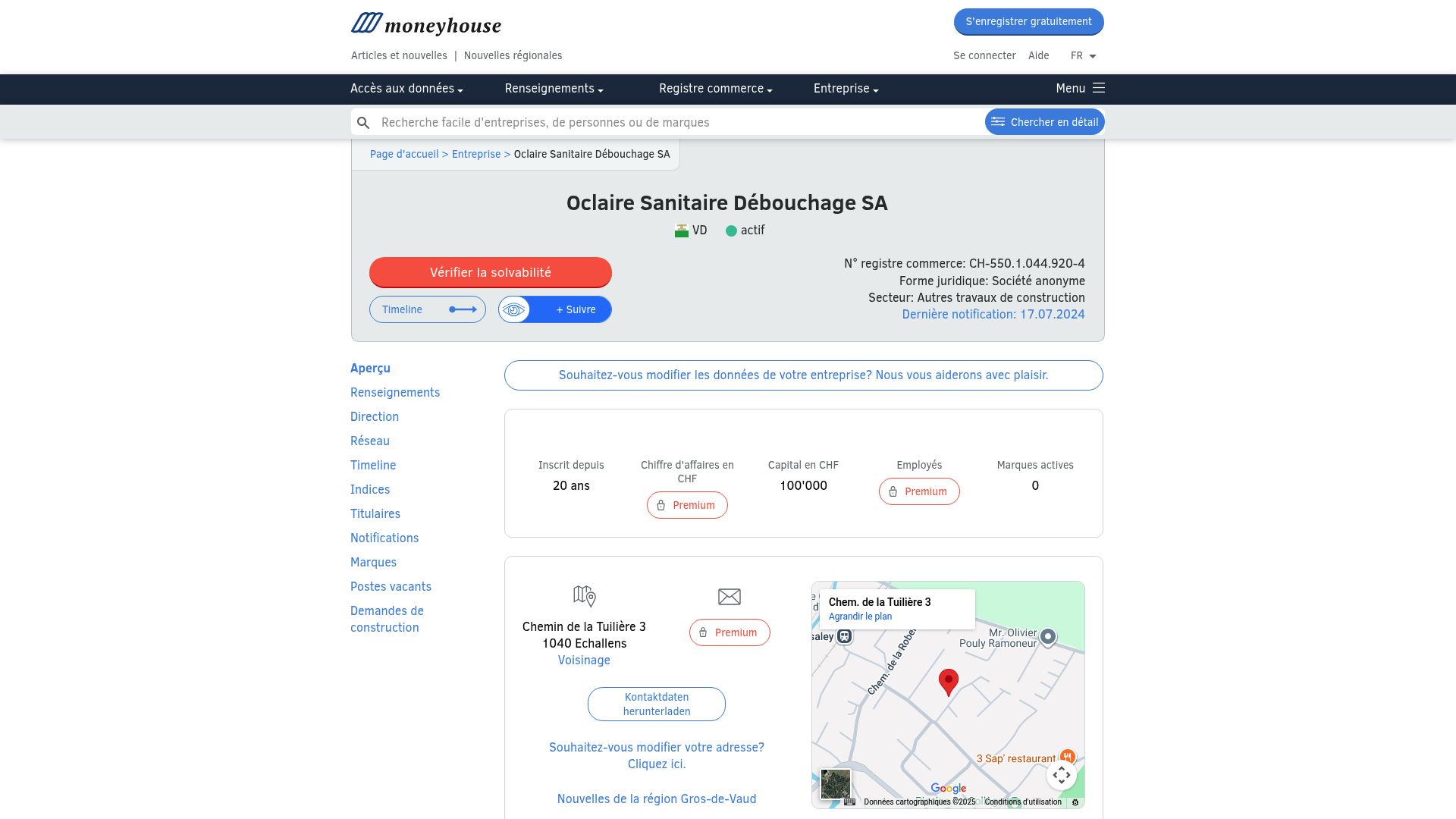 Moneyhouse company profile header for Oclaire Sanitaire Débouchage SA with URL visible