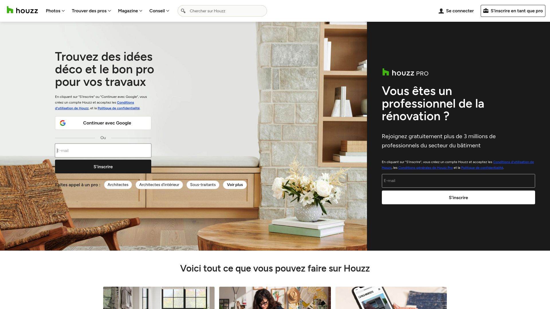 Outil de recherche Houzz montrant des listes de professionnels de la salle de bain avec avis clients et portfolios