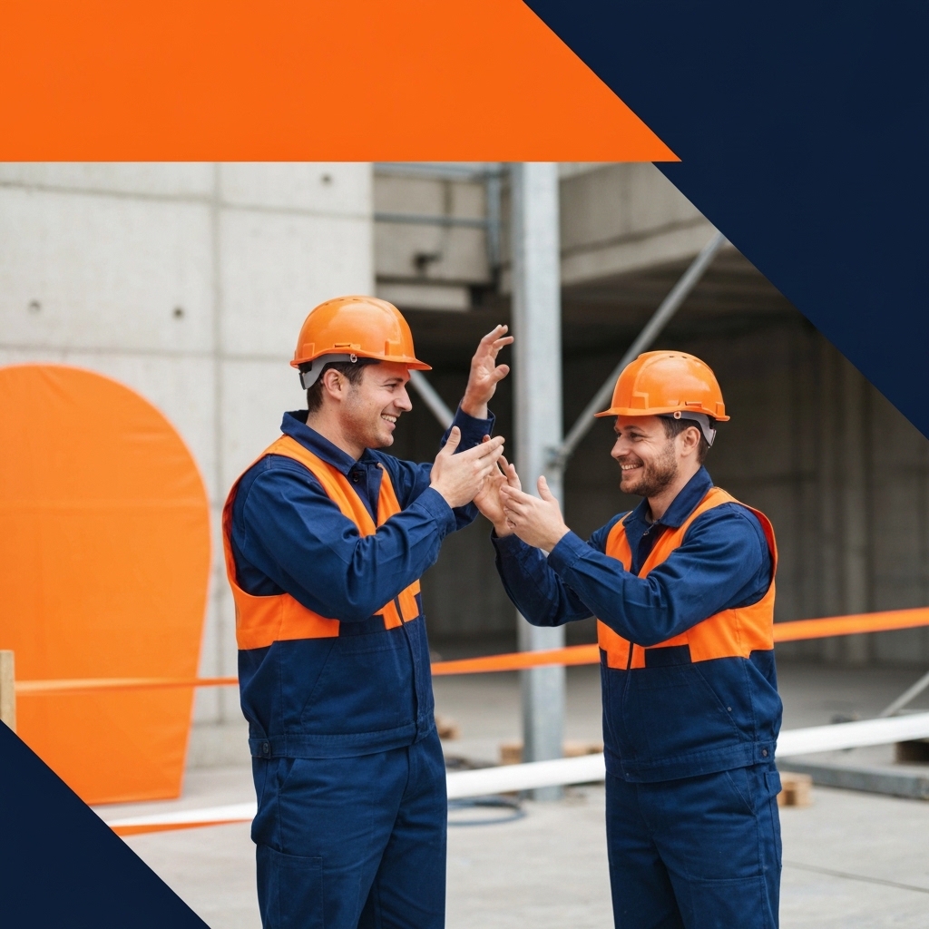 Deux professionnels du bâtiment en tenue de chantier se serrant la main devant une structure en construction, casques de sécurité visibles, atmosphère collaborative