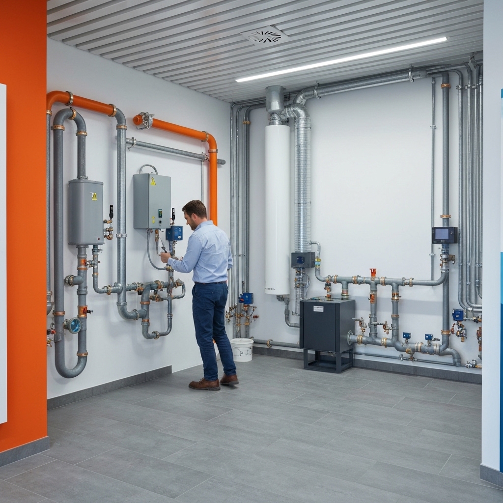 Modern heating room in a residential building showing a new heat pump installation with clean pipes and technical equipment, Swiss professional inspecting system