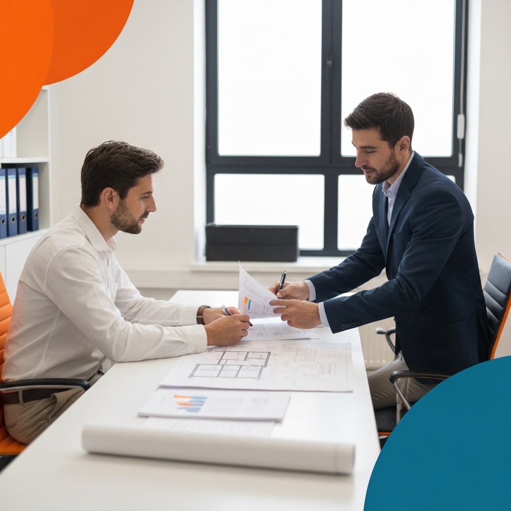 Property manager in business attire reviewing renovation documents with construction contractor across modern office desk, architectural plans visible, professional meeting environment