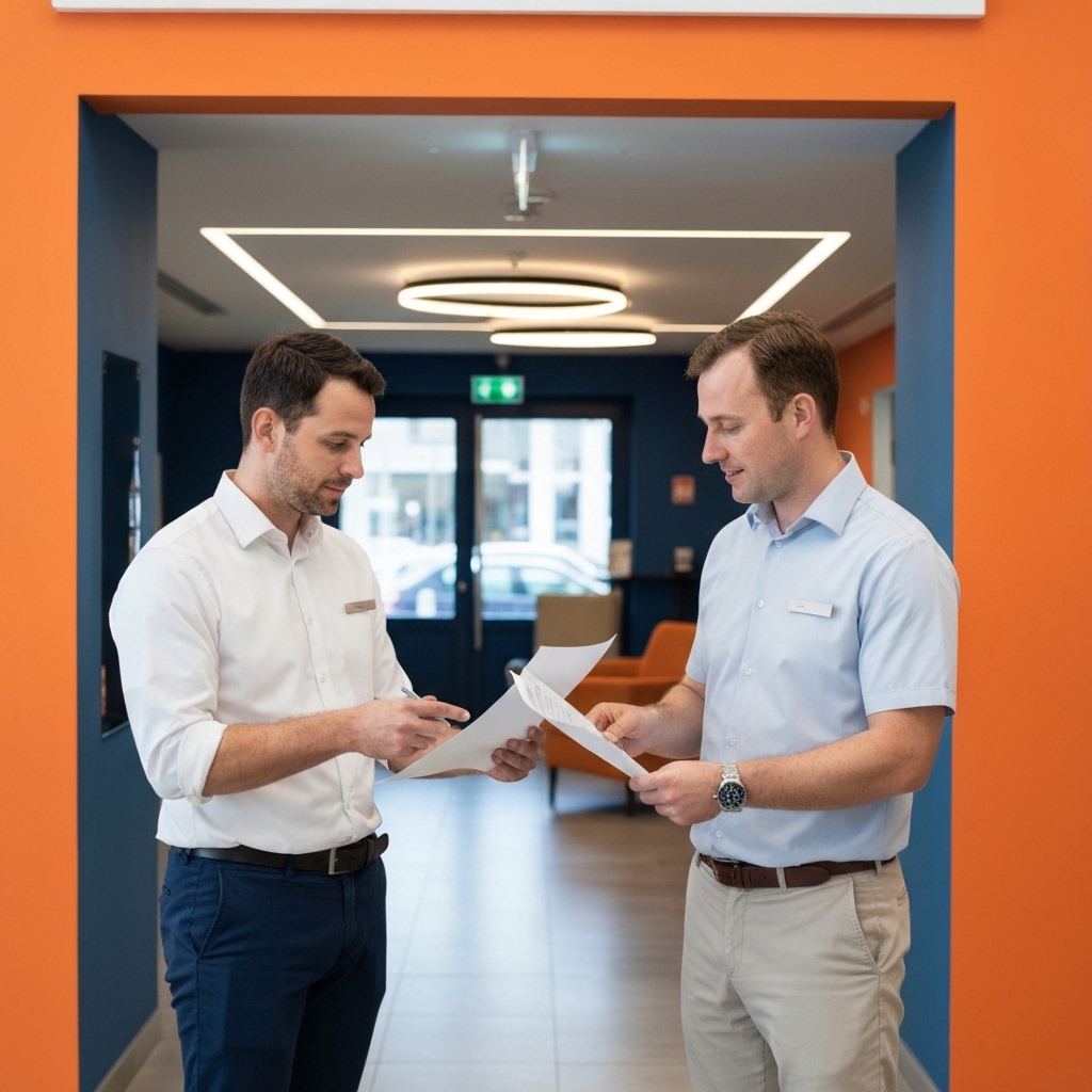 Professional plumber in uniform showing maintenance checklist to hotel manager at modern reception desk in Lausanne luxury hotel lobby