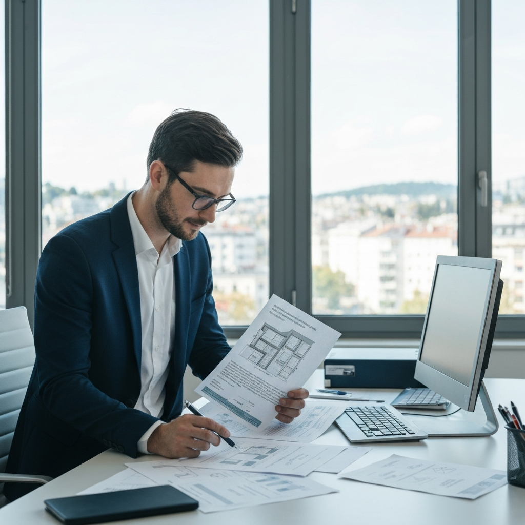 Professional real estate developer in business suit examining heat pump system blueprints and energy efficiency certificates on modern desk in bright Geneva office with large windows showing urban landscape, natural lighting, realistic business setting