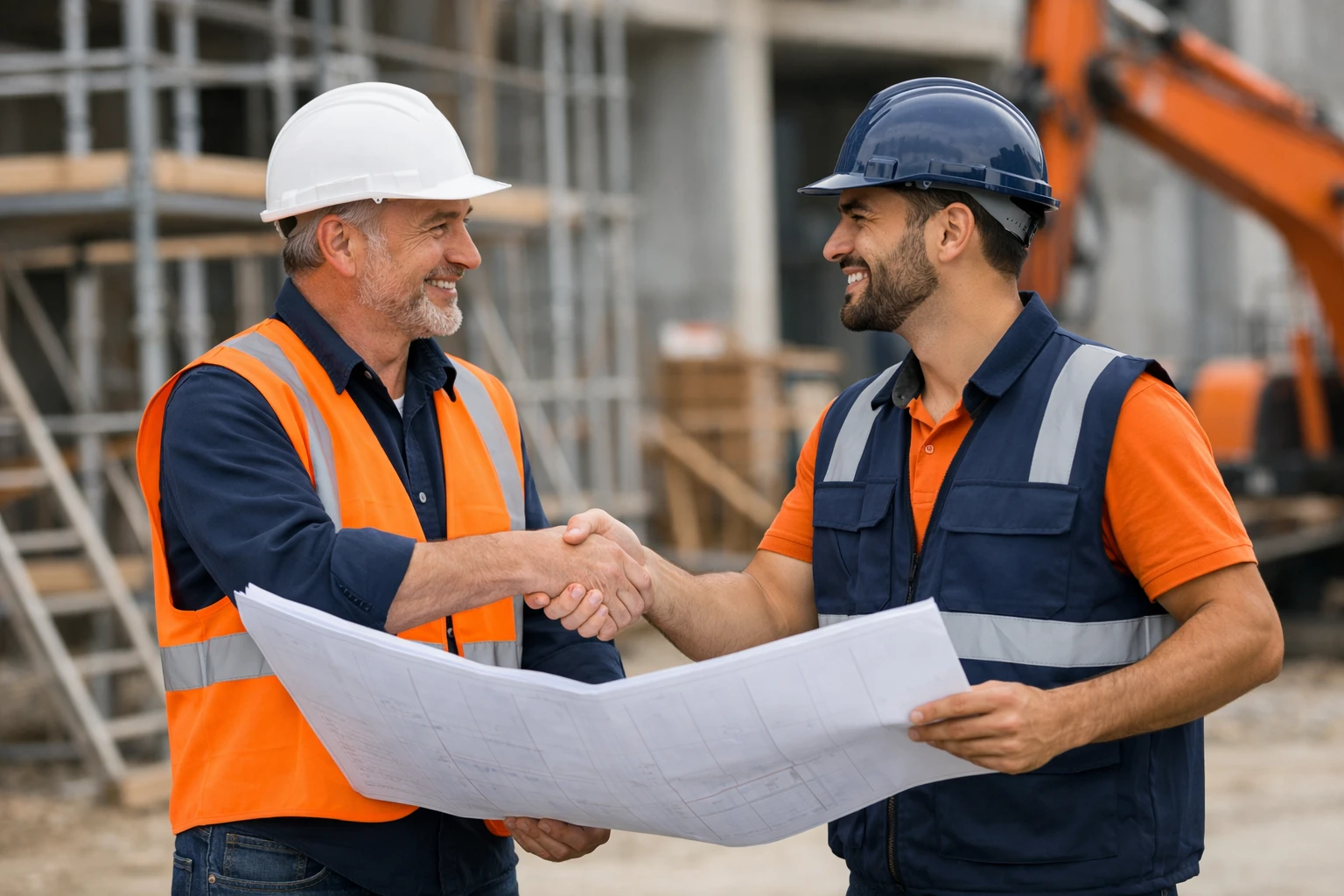 Two construction professionals in safety vests reviewing building plans together on an active construction site with scaffolding and equipment in background, handshake gesture showing partnership