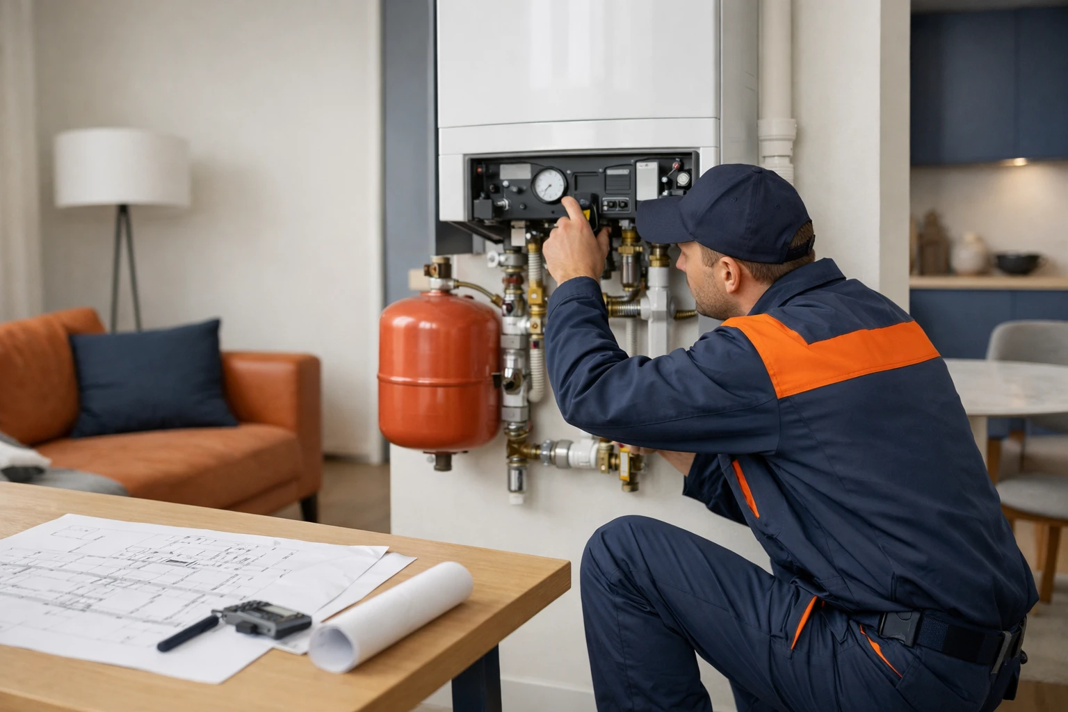 Professional heating technician in work uniform examining modern boiler installation with homeowner in contemporary Geneva apartment, technical blueprints visible on table