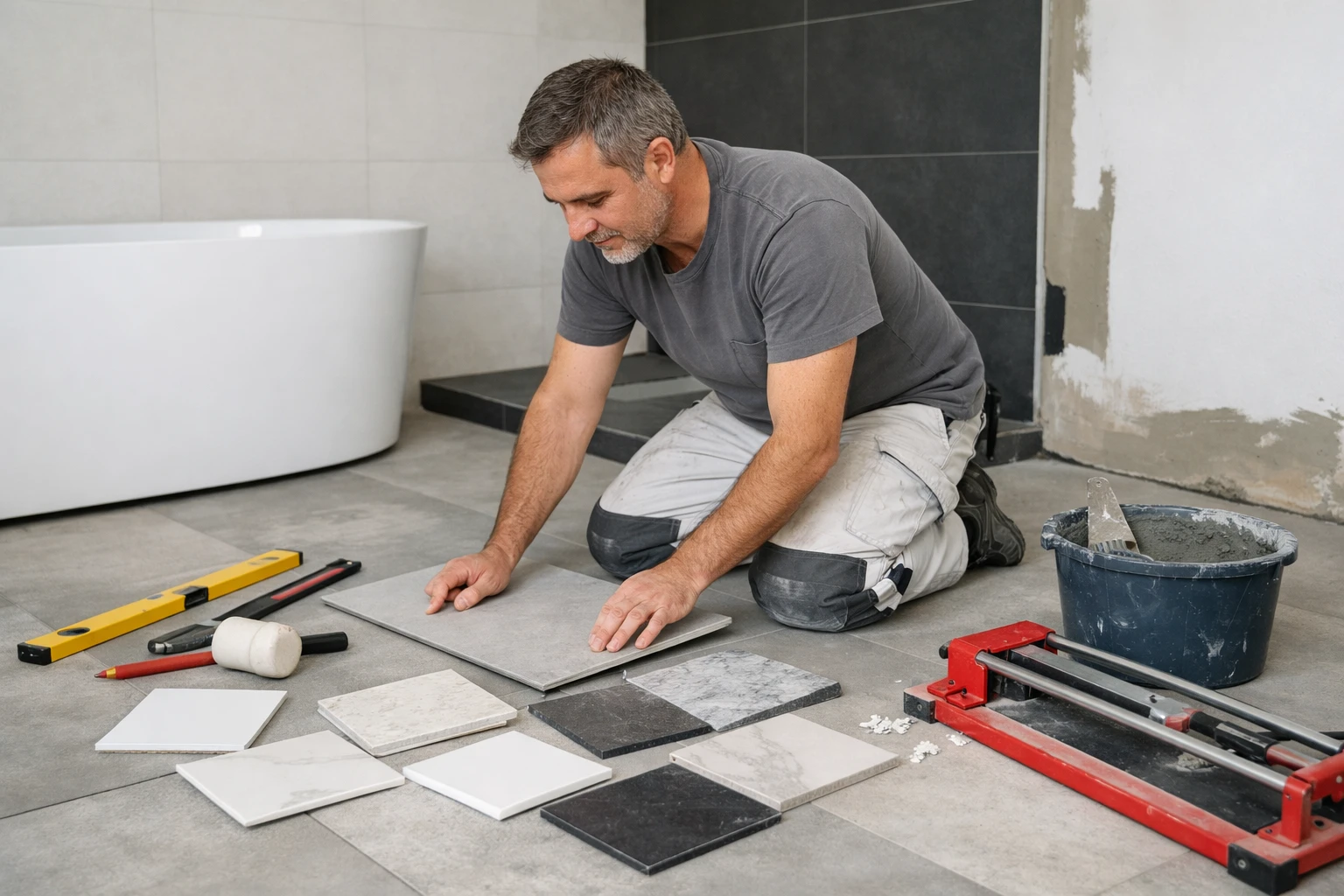 Artisan carreleur genevois agenouillé dans une salle de bain moderne en cours de rénovation, entouré de différents échantillons de carreaux et outils de mesure professionnels, avec plans et calculatrice visibles, lumière naturelle révélant les détails des matériaux
