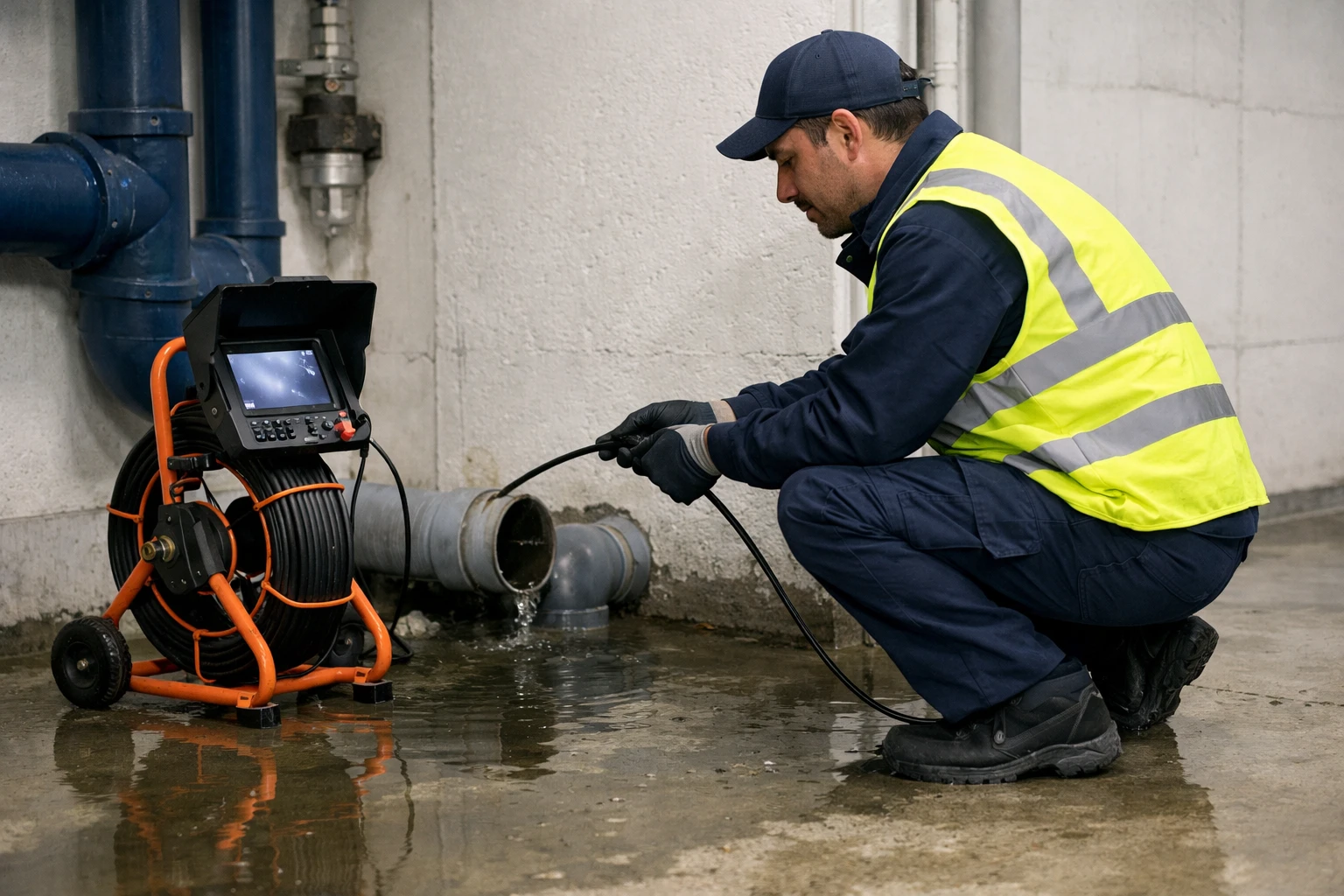 Emergency plumber in reflective vest inspecting severely blocked underground drainage pipe with professional camera tool in Geneva commercial building basement, water pooling visible on concrete floor, urgent intervention scenario