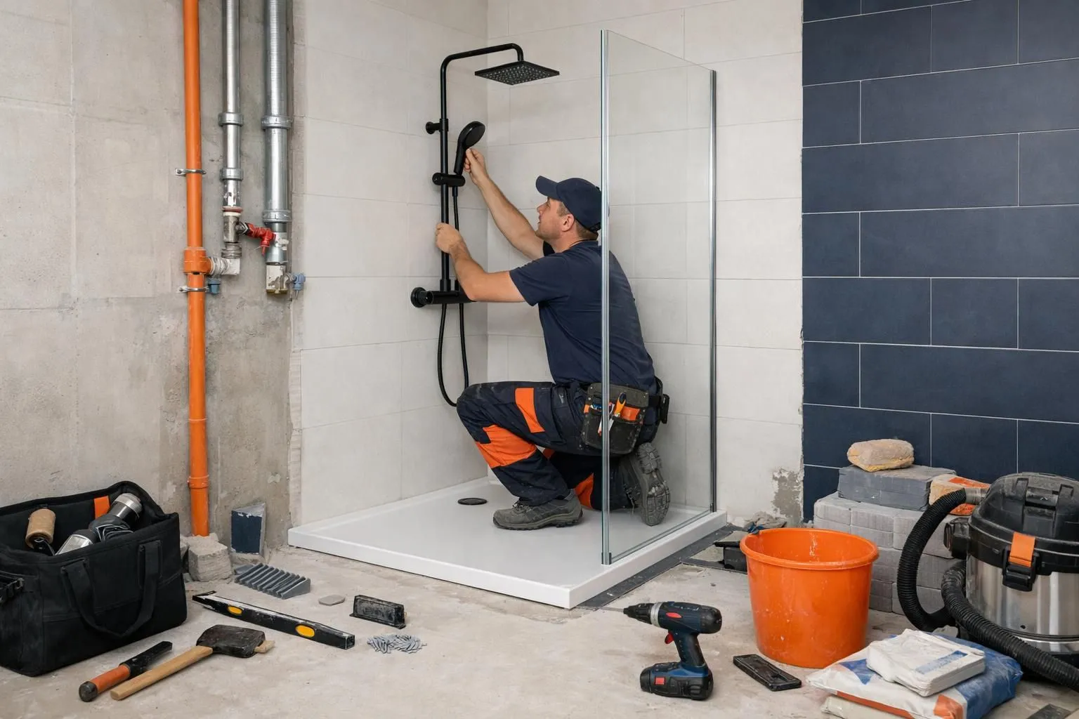 A professional plumber installing a modern walk-in shower enclosure in a renovated Geneva bathroom, with visible plumbing pipes, tiled walls being laid, and construction tools around, realistic documentary style showing actual renovation work in progress