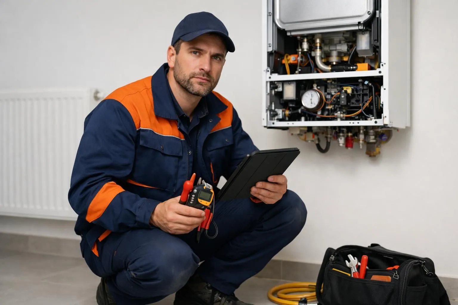 Professional heating technician in work uniform kneeling beside modern wall-mounted boiler with open panel, holding diagnostic tablet and tools, serious expression, residential interior with radiator visible, emergency repair scenario, realistic professional photography style