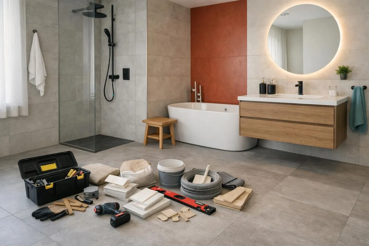 Modern Swiss bathroom interior showing partially renovated space with visible plumbing fixtures, new tile work on walls, contractor's tools and materials on floor, natural daylight from window highlighting quality finishes and ongoing installation work