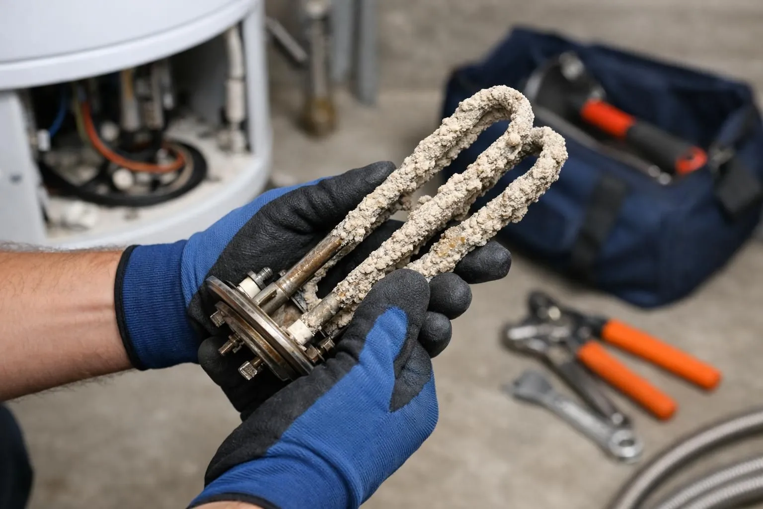 Close-up of a professional plumber's gloved hands examining white calcium deposits and limescale buildup on a residential water heater heating element in a Lausanne home basement, with tools visible in the background