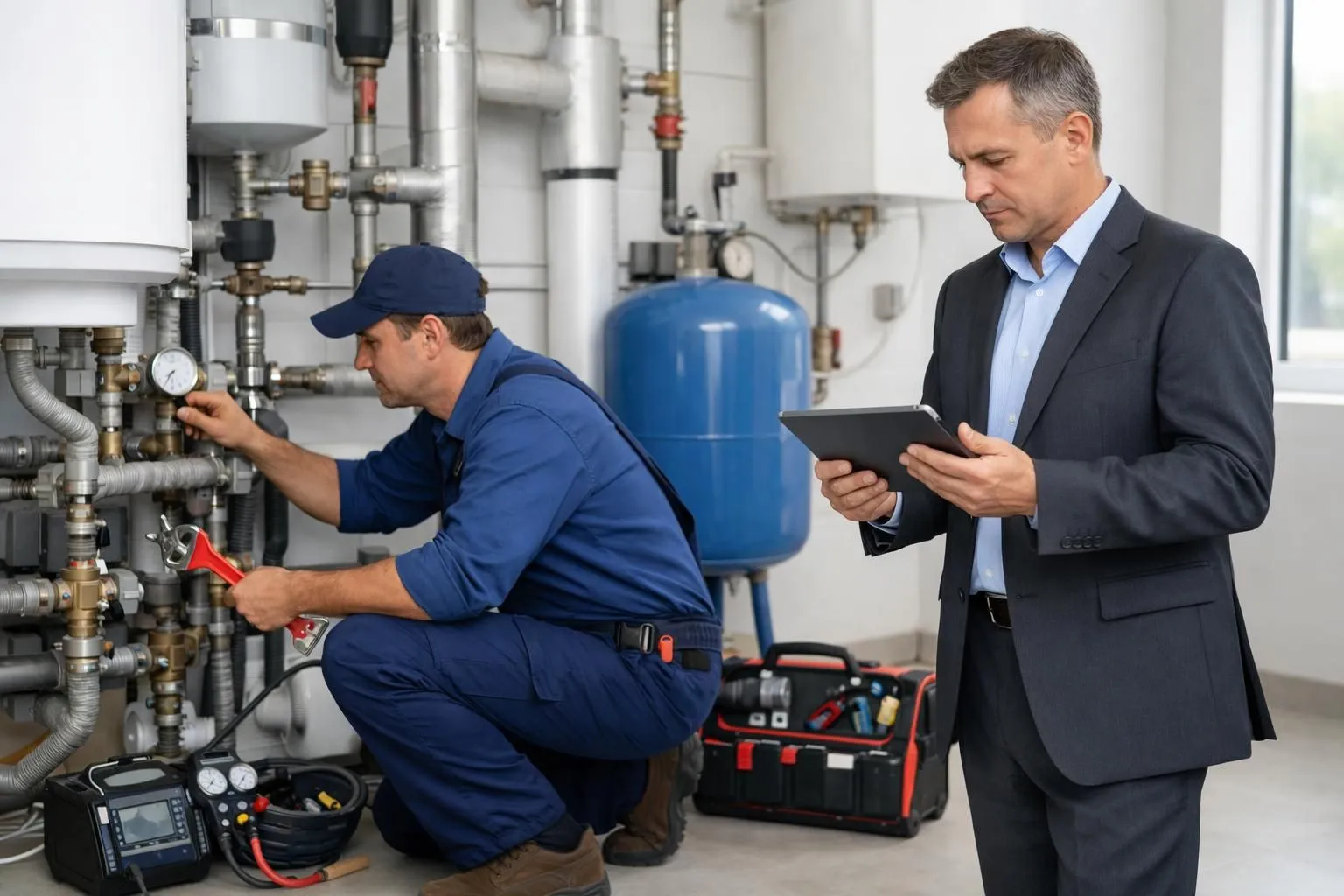 Professional plumber in uniform inspecting pipes and water installations in residential building maintenance room while property manager in business attire reviews checklist on tablet, with toolbox and diagnostic equipment visible, realistic lighting, professional setting