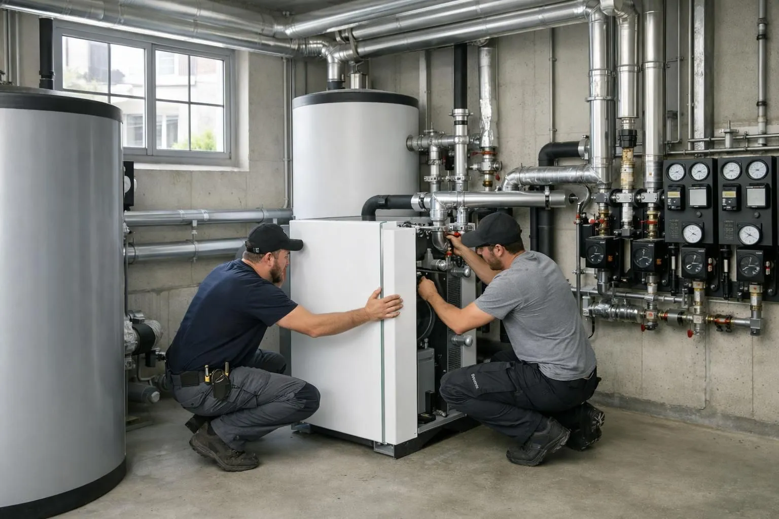 Modern boiler room in a Swiss apartment building showing technicians installing new energy-efficient heating equipment, with pipes and control panels visible, natural lighting through industrial windows, professional setting without any visible text or labels