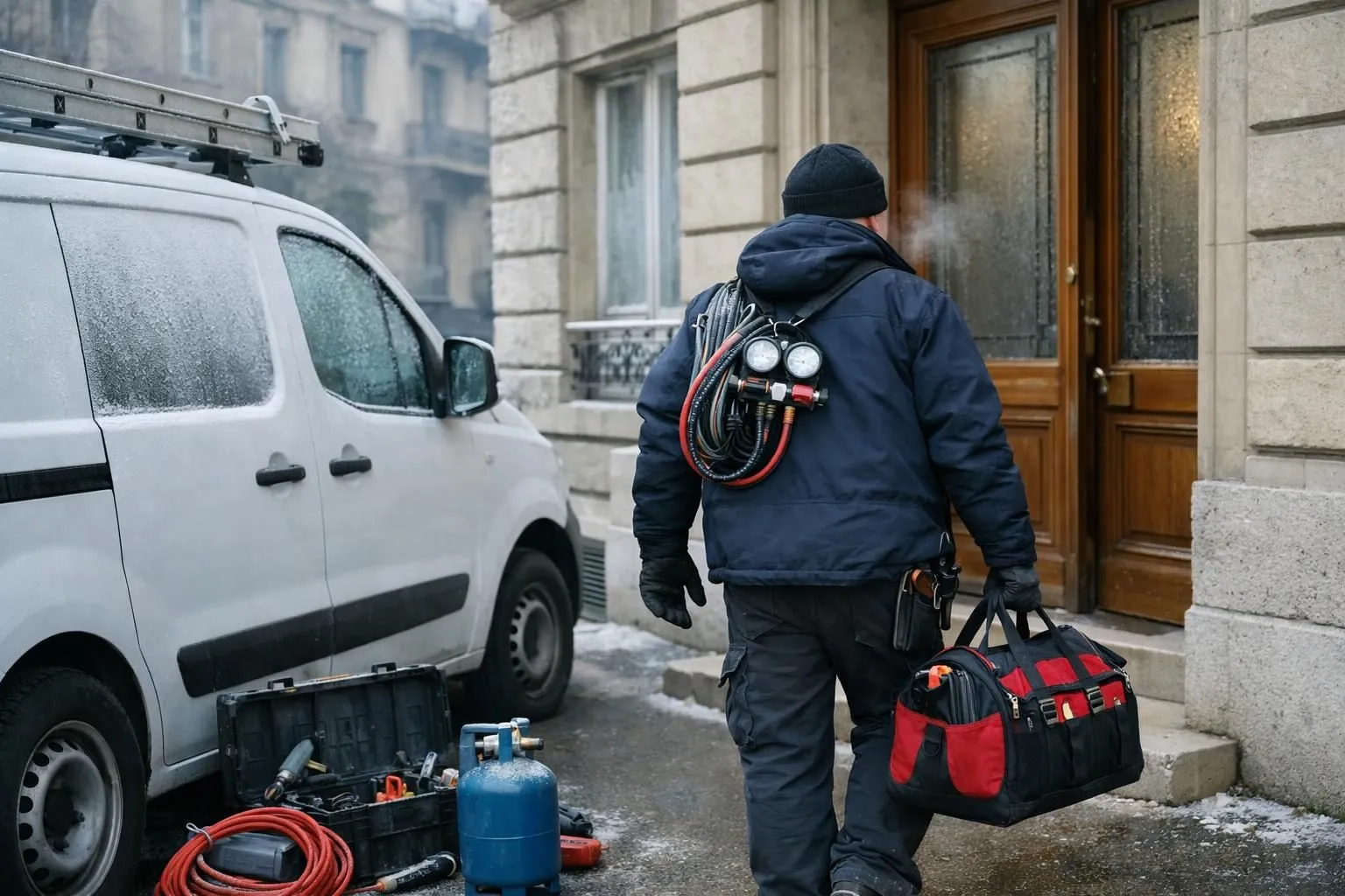 Professional heating technician in winter work gear arriving at Geneva residential building entrance on Sunday morning with emergency repair equipment and branded service van, cold weather visible with frost on windows, urgent situation atmosphere