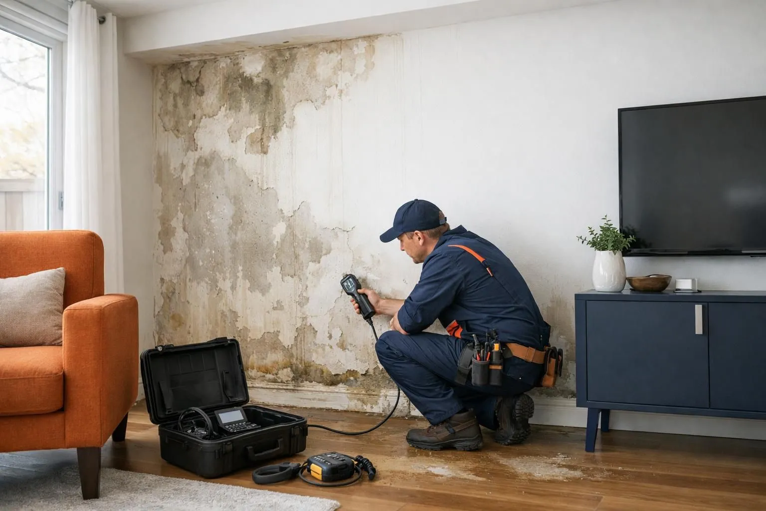 Interior residential room showing visible water damage with ceiling stains, wall moisture marks, and humidity signs in a realistic Swiss home setting, plumber inspecting the damage with professional equipment, natural lighting, photorealistic style