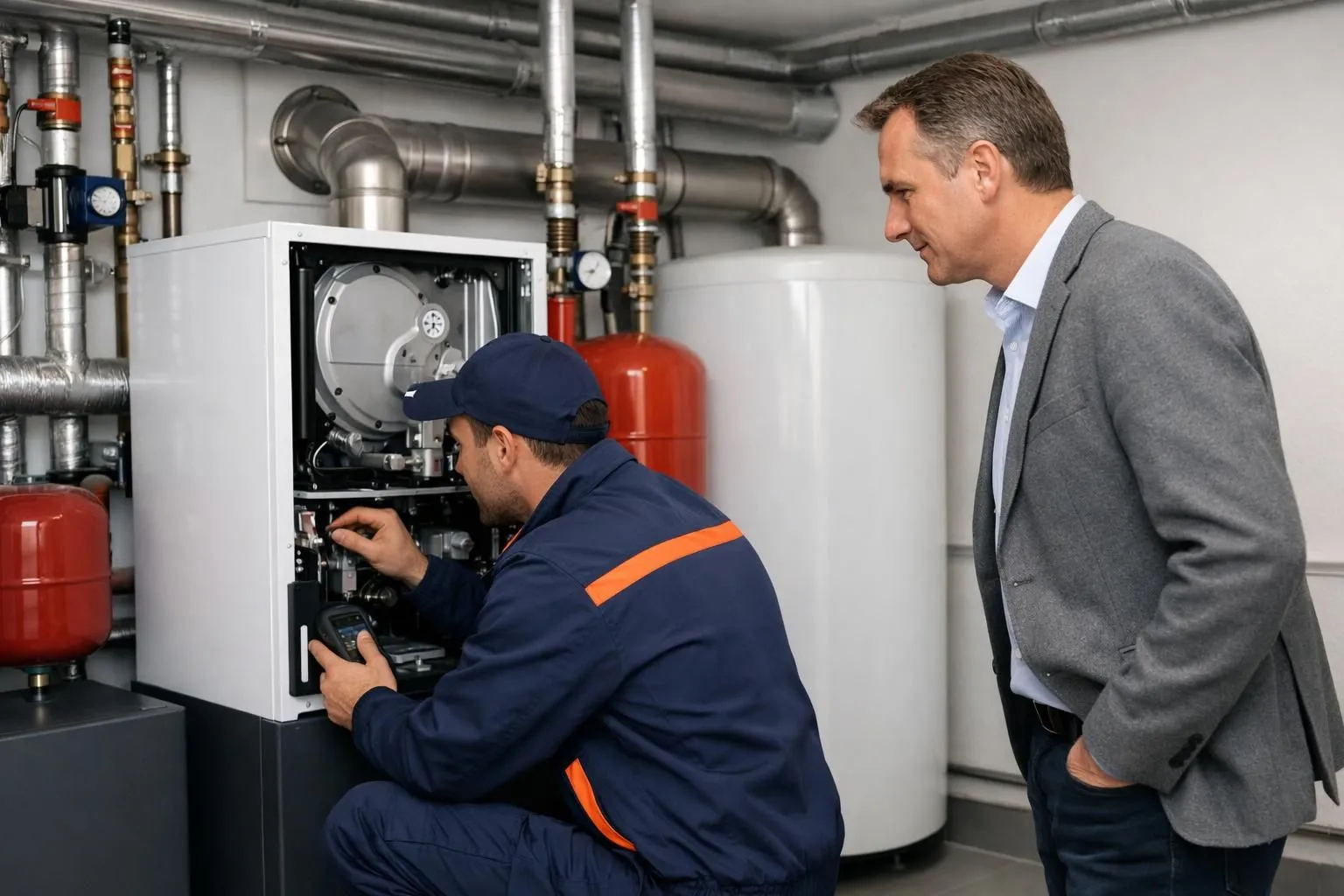 Professional heating technician inspecting modern boiler system in Geneva apartment building mechanical room, property manager observing, visible pipes and heating equipment, contemporary Swiss building interior