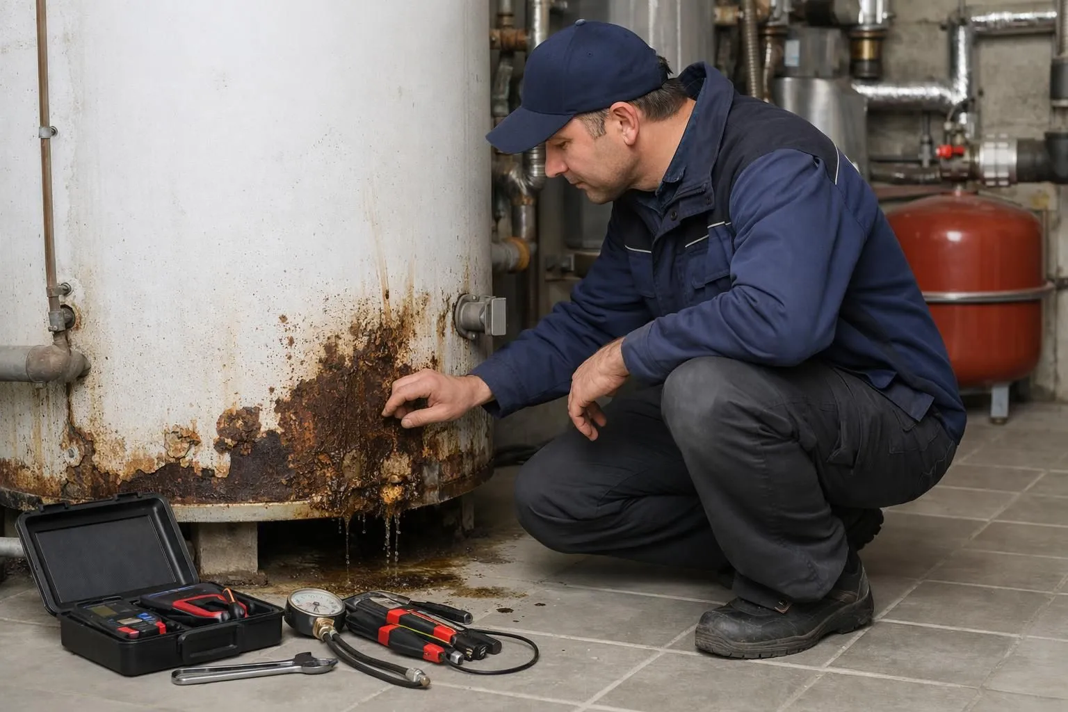 Technicien en tenue professionnelle inspectant minutieusement un chauffe-eau vieillissant avec traces de corrosion dans une chaufferie suisse, outils de diagnostic posés à proximité sur le sol carrelé, éclairage naturel révélant l'état de l'installation