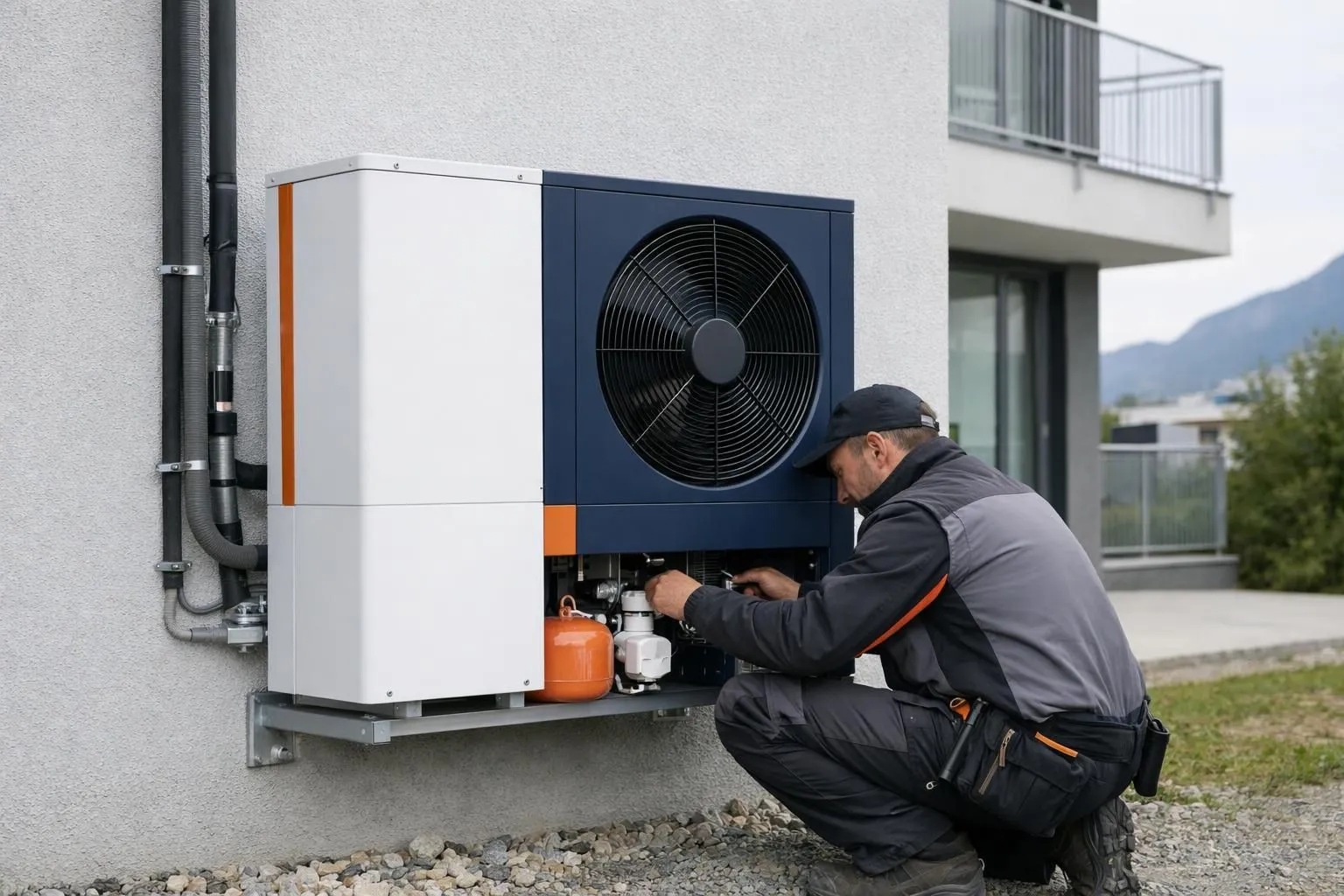 Professional technician installing modern air-water heat pump unit on exterior wall of contemporary Swiss apartment building, showing technical equipment and energy efficiency concept in realistic daytime setting