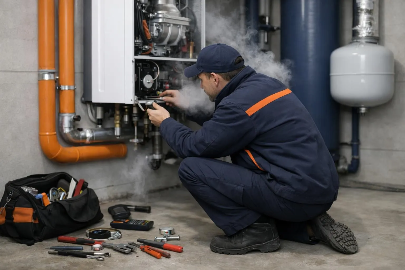Technicien professionnel effectuant une maintenance sur une chaudière murale moderne dans une chaufferie résidentielle genevoise pendant l'hiver, avec des outils de diagnostic posés sur le sol et de la vapeur visible dans l'air froid, ambiance réaliste d'intervention technique