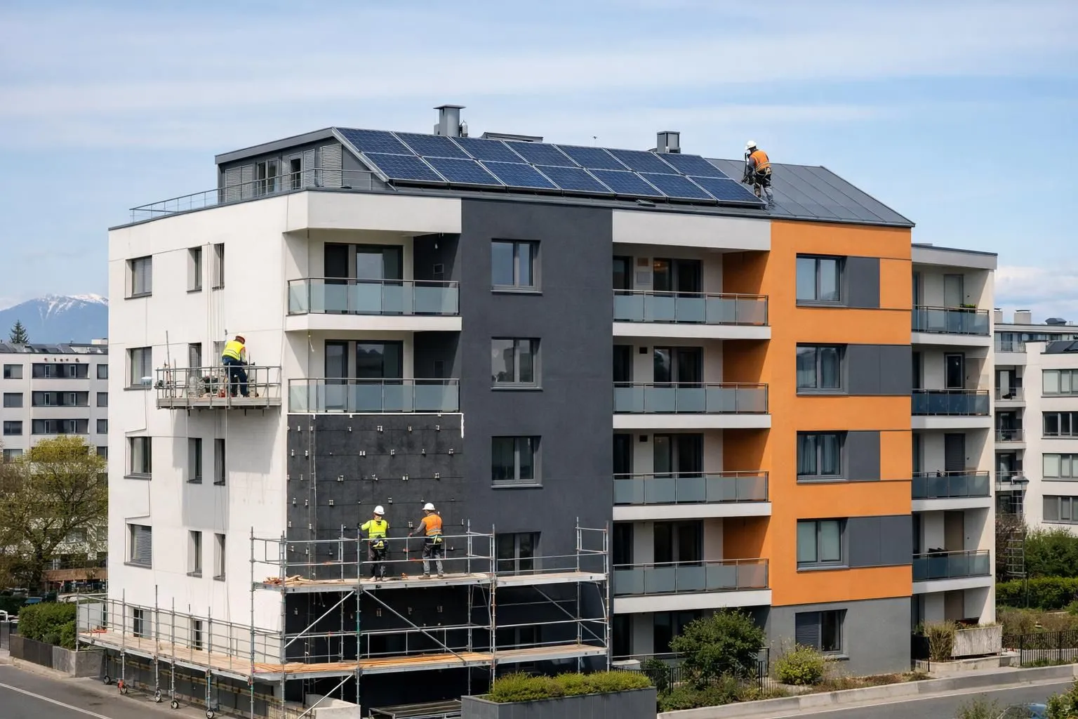 Modern Geneva residential building undergoing energy renovation with workers installing thermal insulation panels on facade, solar panels being mounted on roof, construction scaffolding visible, professional contractors in safety gear, bright daylight showing sustainable construction project in urban Swiss setting