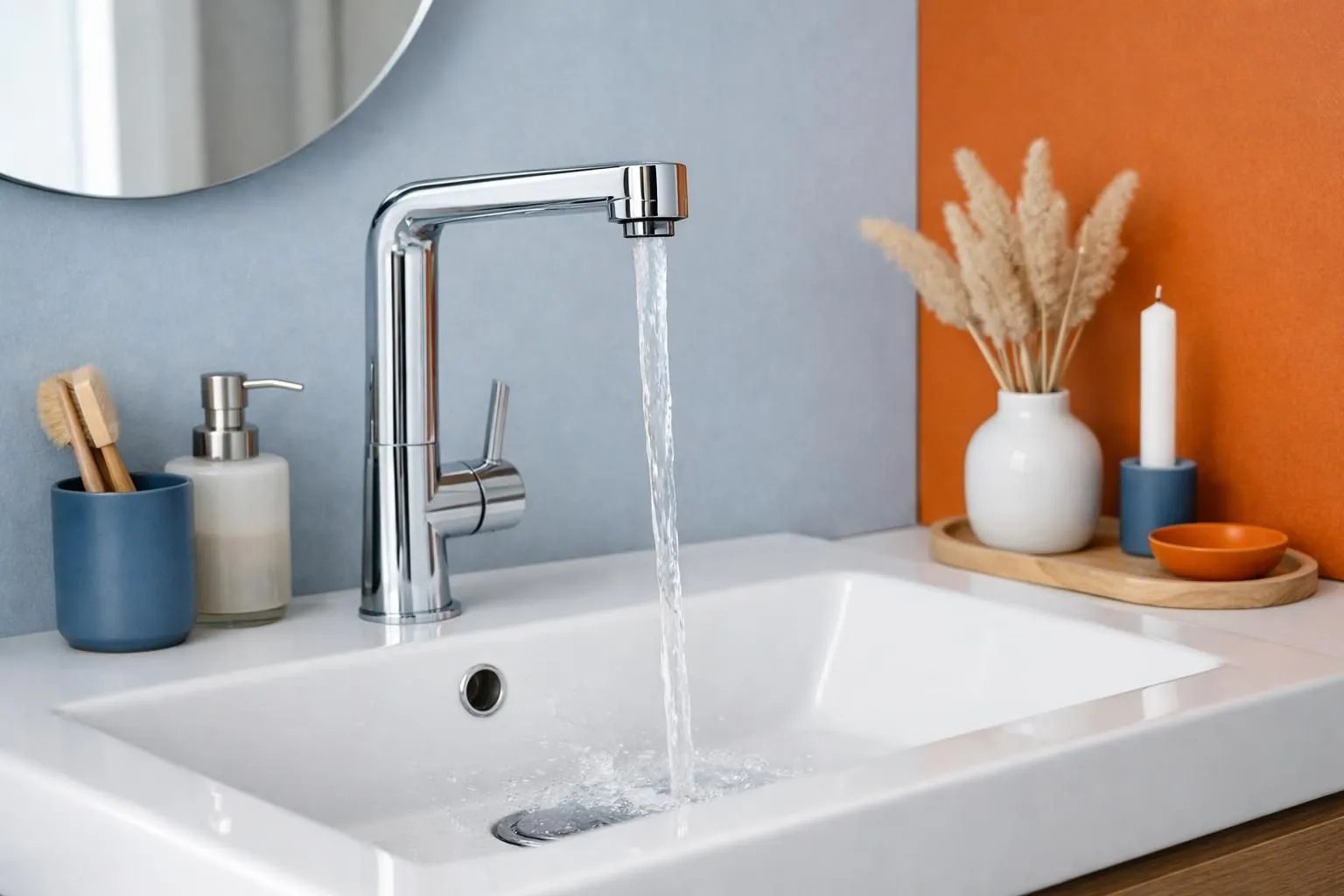 Modern bathroom interior showcasing a premium chrome faucet mounted on a white ceramic sink, with visible water flow, demonstrating the visual impact of quality bathroom fixtures in a renovated space with natural lighting