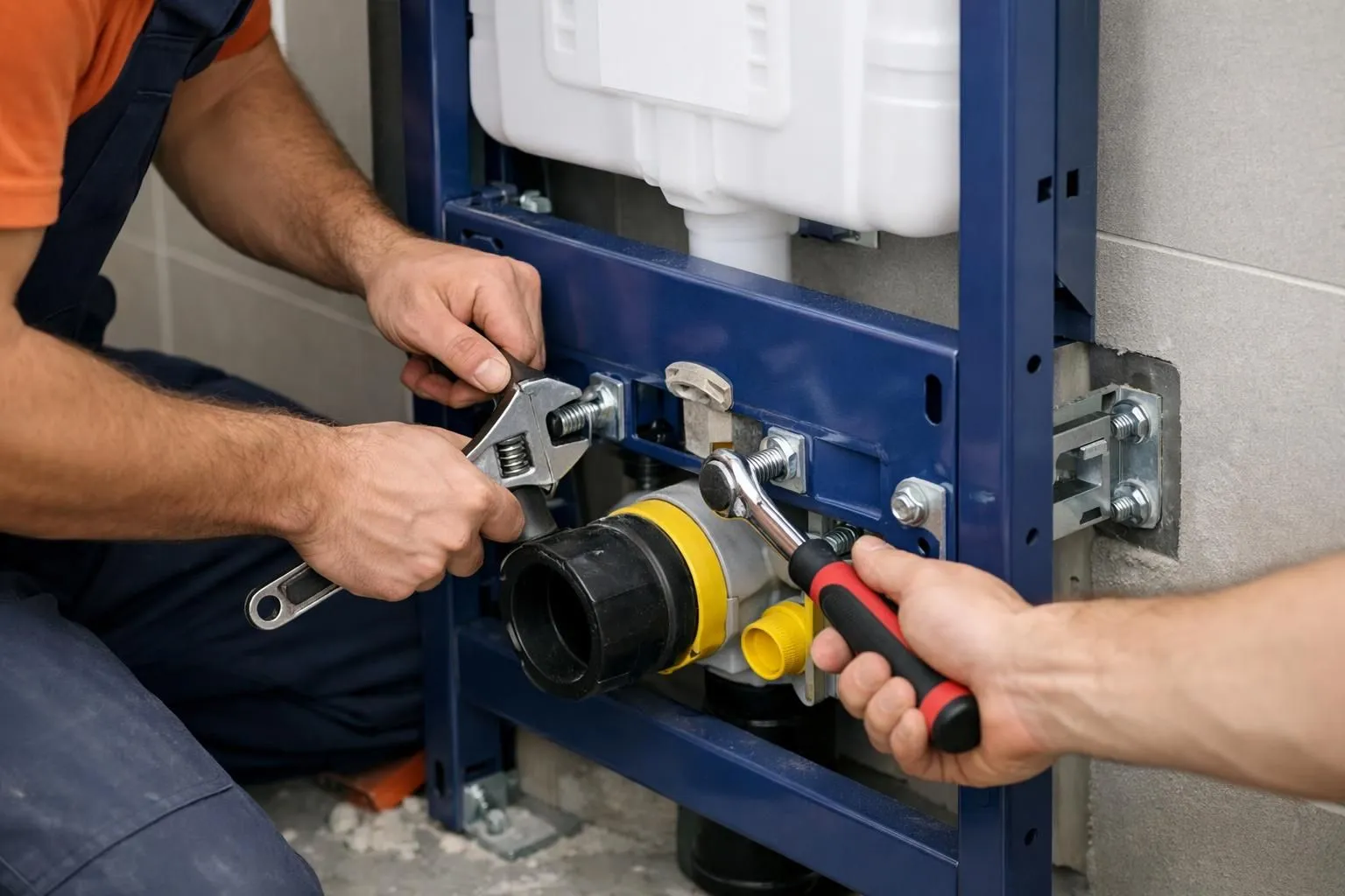 Professional plumber installing a wall-mounted suspended toilet in a modern Swiss bathroom, showing hands working on the concealed cistern frame and wall fixation system with tools, realistic construction site atmosphere without any text or labels